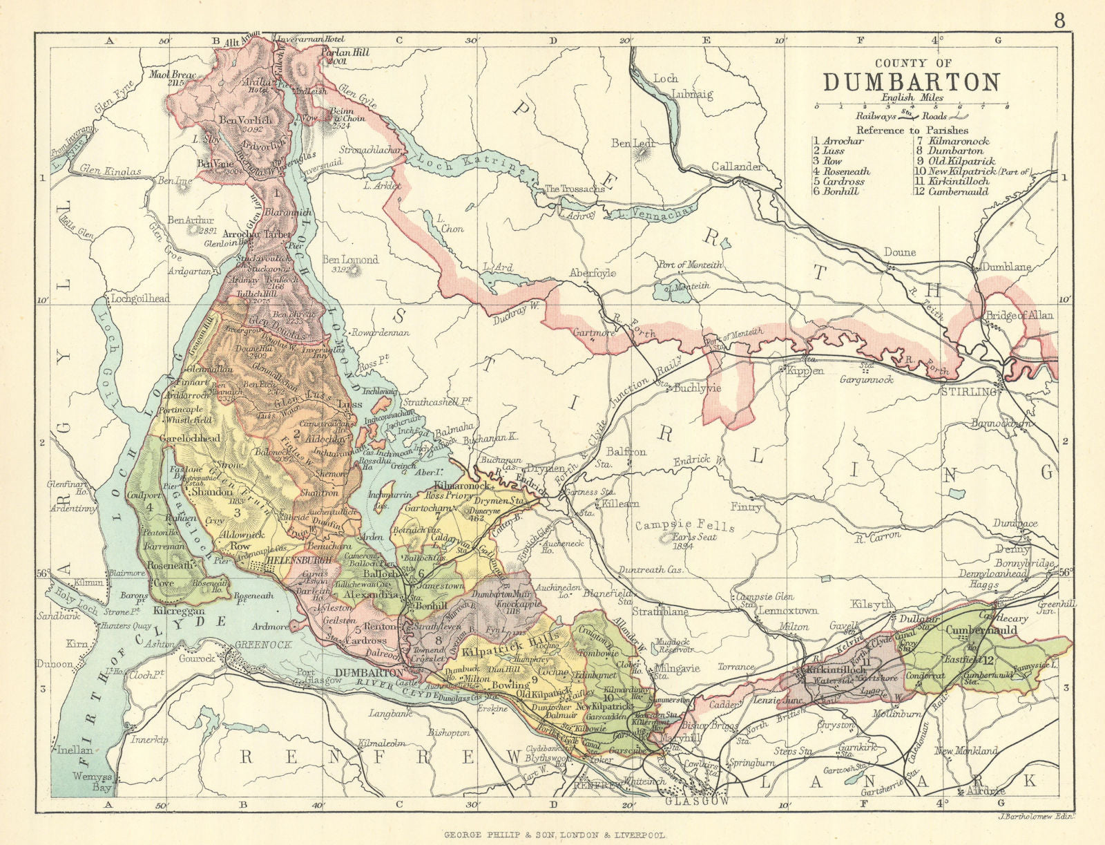 'County of Dumbarton'. Dumbartonshire. Parishes. BARTHOLOMEW 1888 old map